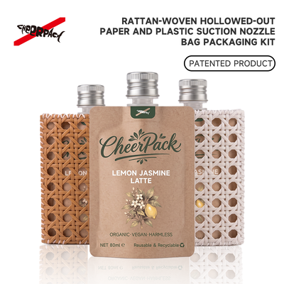 Качество  Reusable Rattan Woven Spout Pouch with Aluminum Cap | CheerPack Patented 100ml rattan-woven hollow-out spout pouch with reusable Sleeve and aluminum screw cap. Eco cosmetic packaging, OEM/ODM welcome. Фабрика